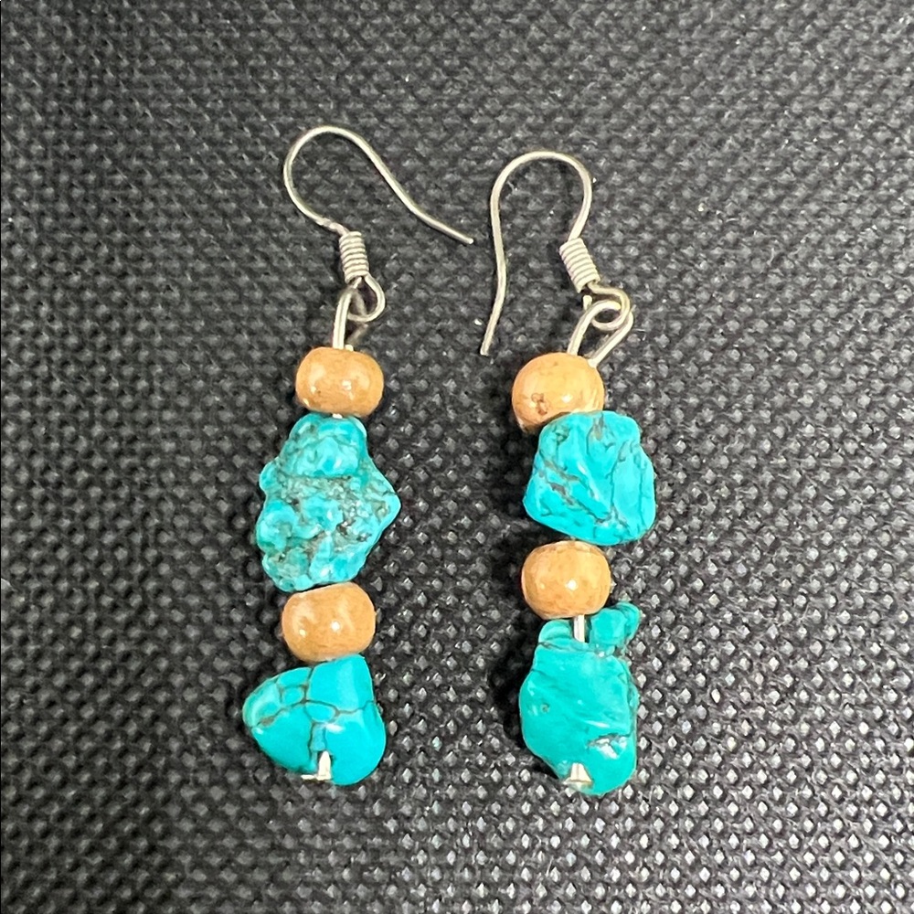 1.75” Turquoise Chip and Wood Bead Dangle Earrings - Unbranded